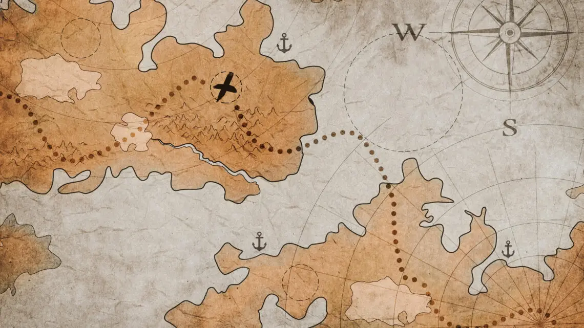 Old treasure map with orange landmasses, a bold X marking a treasure, dotted routes, and a compass rose on the right.